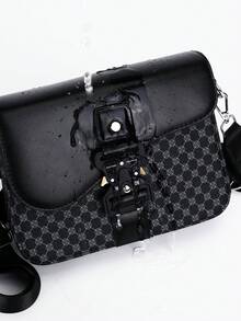 Vintage Printed Patchwork Men's Flap Crossbody Small Bag, Functional Buckle Design, Waterproof & Wear-Resistant Fabric For Rainy Days, Wide Adjustable Shoulder Strap With Pressure Relief, Large Capacity Layered Storage For Phone & Keys, Street Commute Workwear Style Versatile, Lightweight Premium One Shoulder Square Bag, Student & Youth Daily Carry Bag For Work, School, Shopping, Vacation, Travel - Multicolor - View 4
