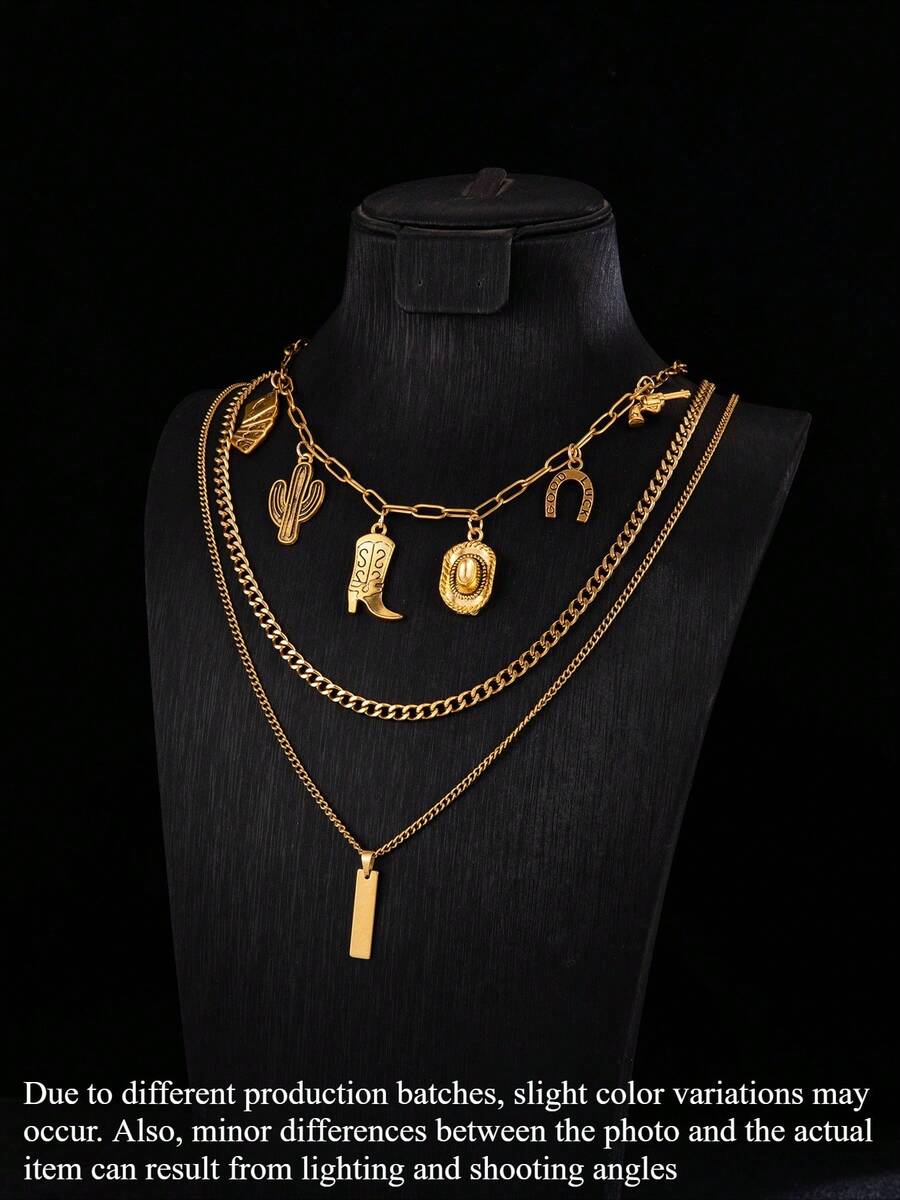 3pcs/Set Boho Cowgirl Layered Necklace For Women, Stainless Steel Gold-Tone Mixed Link Chain With Western Mini Pendant, Party Gift - Multicolor - View 1
