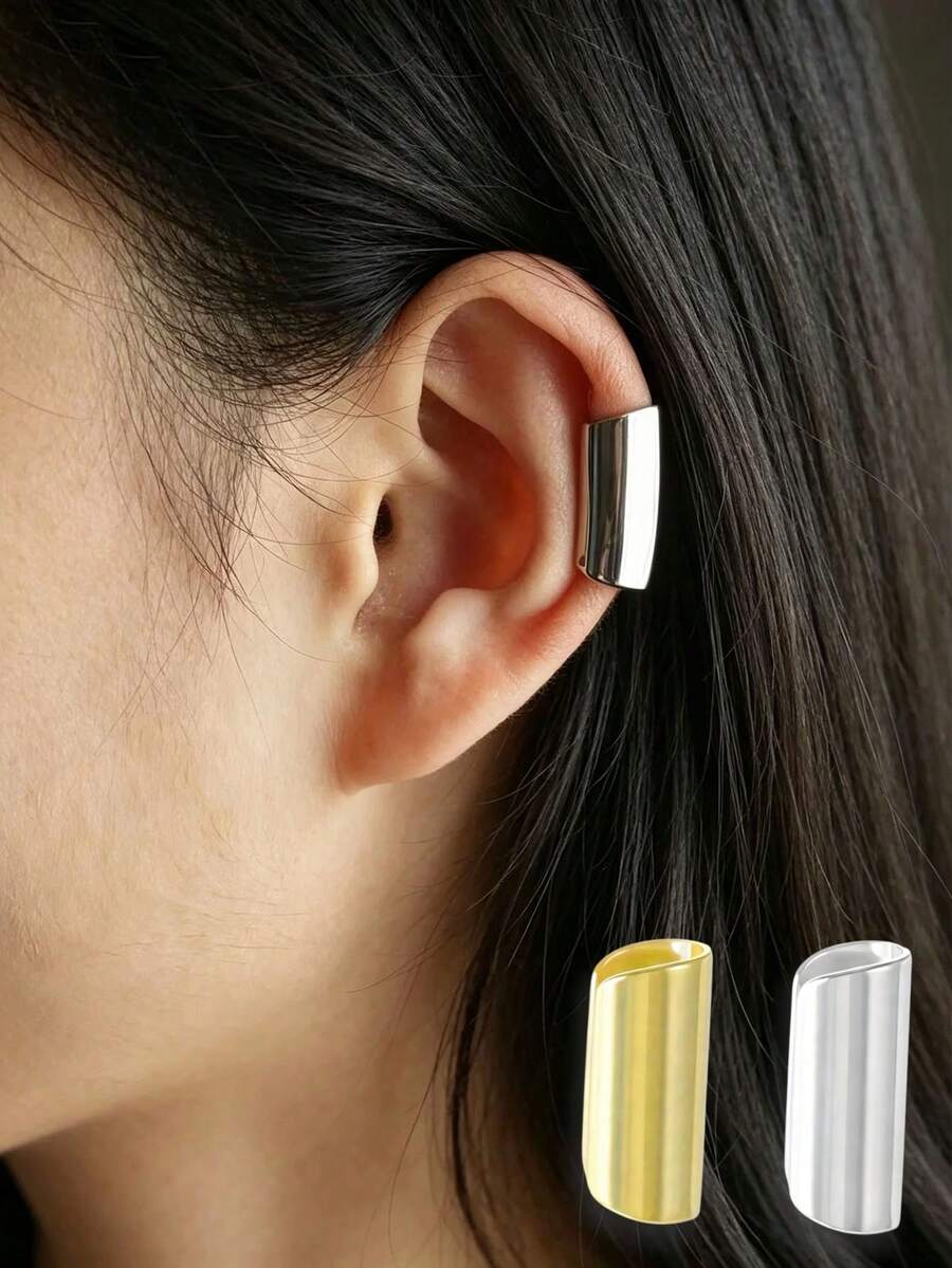 Minimalist Long Tube Geometric Ear Cuff - Unisex No-Piercing Polished Metal Ear Jewelry, Fashionable Ear Cartilage Clip, Perfect For Daily And Party Outfits, Ideal Holiday Gift