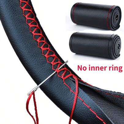 1pc DIY PU Leather Steering Wheel Cover (Includes Needle + Thread) - Soft Microfiber, Hand-Stitched Red Thread And Needle, No Inner Ring, Black Or Red, Car Interior Accessory