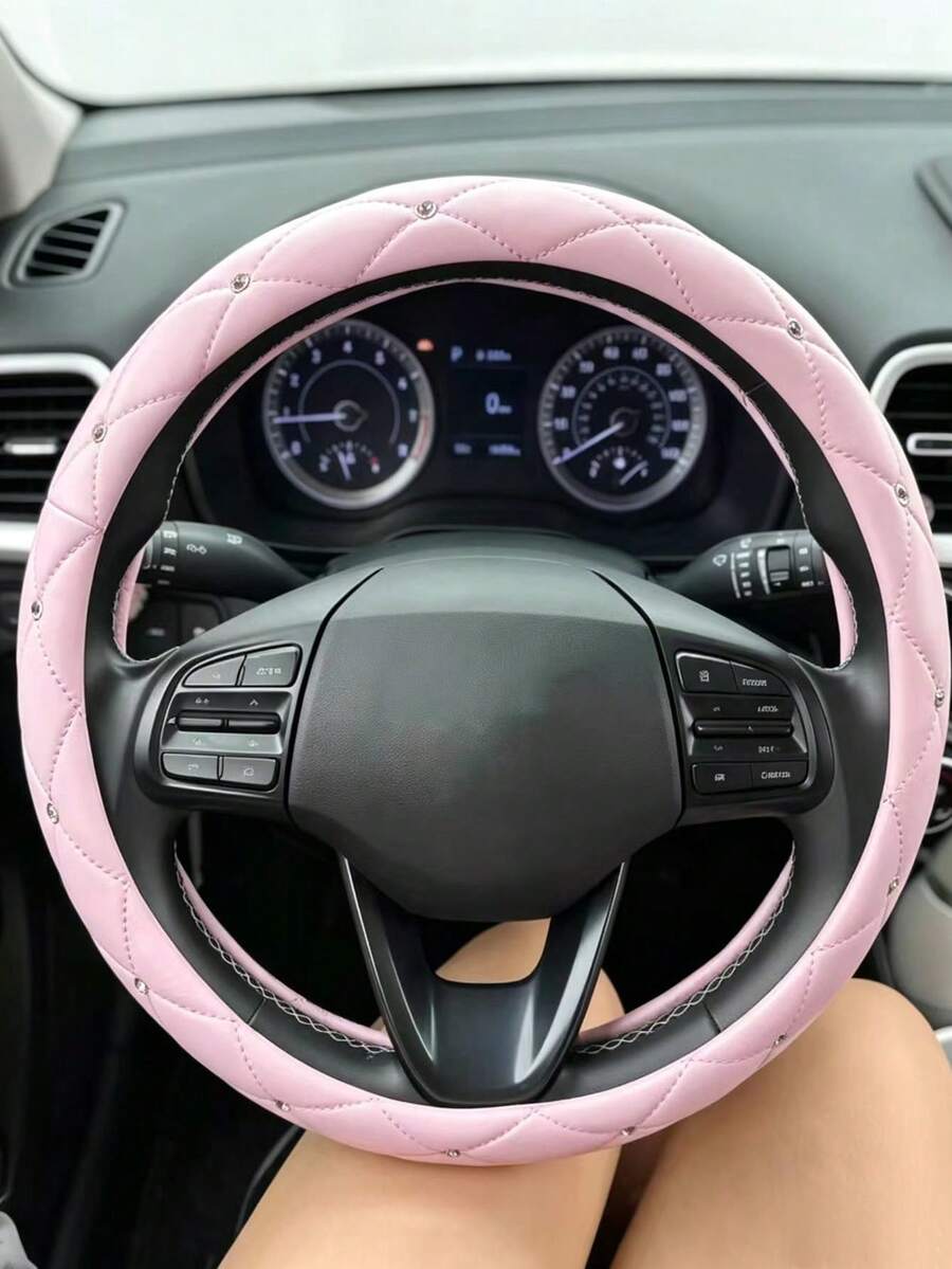 1件裝粉色水晶水鑽超纖維PU通用汽車方向盤套,14.5-15英吋,柔軟防滑透氣耐用,鑽石縫線汽車內飾配件,適合女性駕駛者 - PU crystal steering wheel cover. - 查看 1