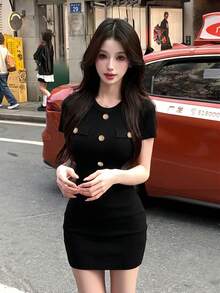 新款春夏修身针织迷你连衣裙，收腰短款女装 - 黑色 - 查看 2