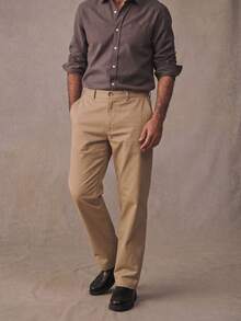 Minimalist Basic Straight Leg Trousers For Men Relax Fit 100% Cotton Casual Formal Work Slacks With Belt Loops - Khaki - View 3