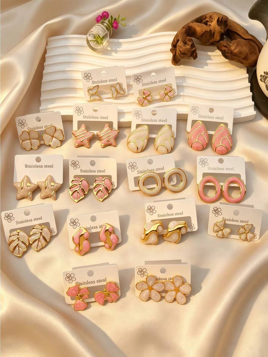 4/8/16/24-Piece Set Of Gold-Tone Stainless Steel Enamel Earrings (Studs And Pendant), Leaf-Shaped Design – Perfect For Summer Vacations And Parties. - Multicolor - View 1