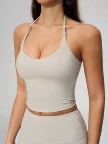 NcmRyu Women's One Set Solid Color Halter Tie U-Neck Backless Cropped Tank Top & High Waist Ankle Pants Sports Set - Grey - View 5