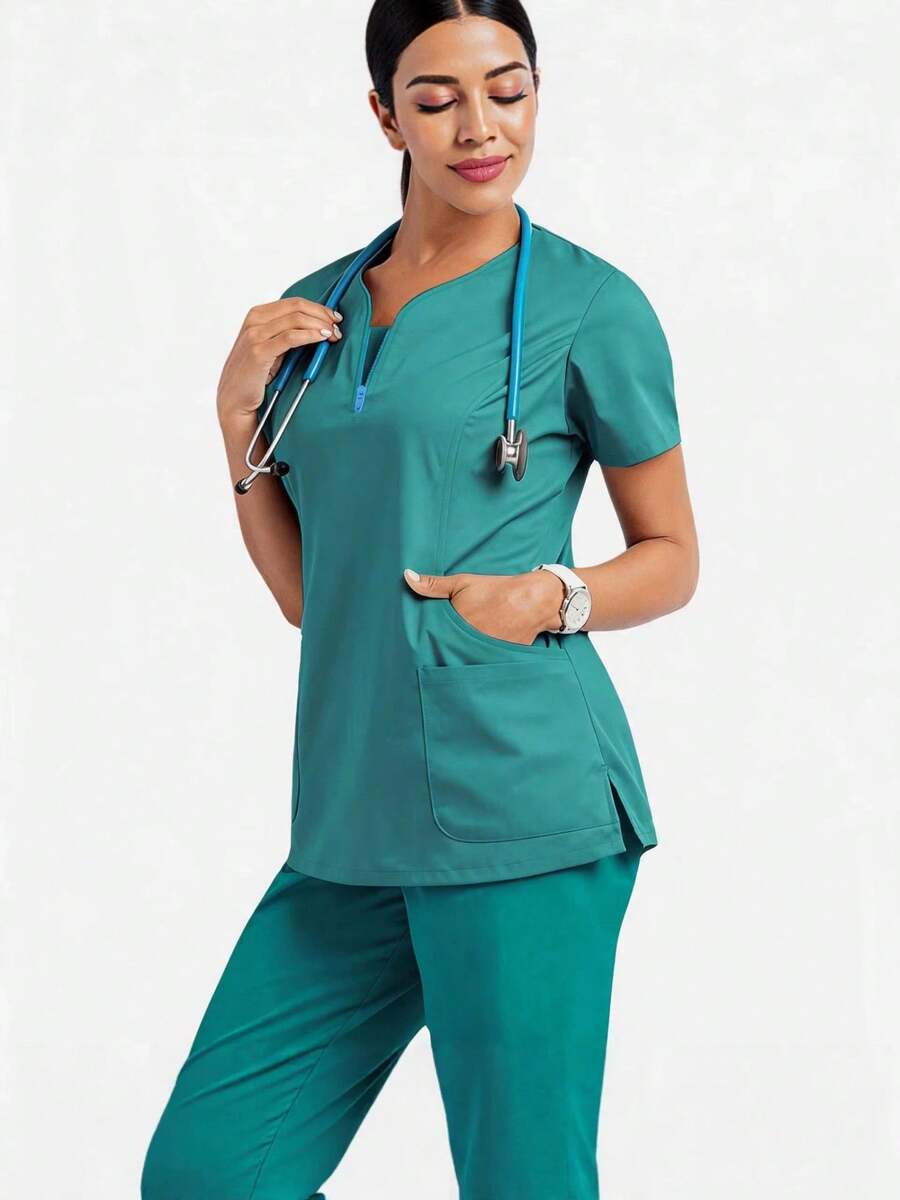 Short Sleeve Solid Color Casual Top With Multiple Pockets, Fashionable Commuter Workwear, Comfortable Leisure T-Shirt, Spring/Summer - Green - View 1