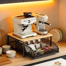 Wire Baskets& Drawer Kitchen Countertop Organizer- Space-Saving Storage System Featuring Sturdy Hardwood For Coffee Maker Shelf Black - Black - View 11