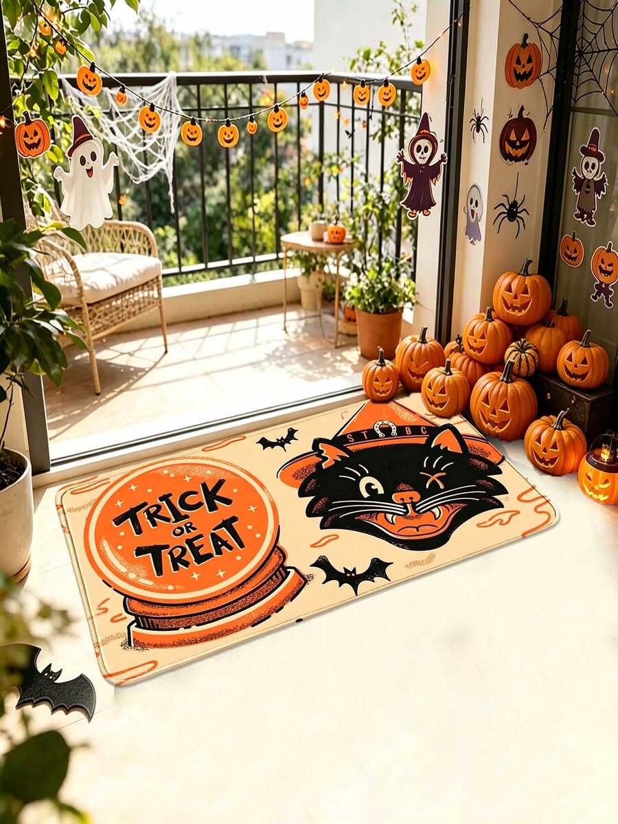1pc Halloween Black Cat & Bat Pattern Kitchen Mat, Faux Cashmere Washable Door Mat, Soft Skin-Friendly Decorative Floor Mat, Durable Home Entrance Rug, Small Area Rug, Kitchen Decor Mat, Suitable For Living Room, Bedroom, Room, Holiday Gift - View 1