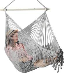 Hamaca de cuerda de algodón tejida a mano con barra separadora de metal, silla colgante para interiores y exteriores con borlas, jardín, patio, habitación, color blanco SandyBeach AAPF - Gris - Ver 1