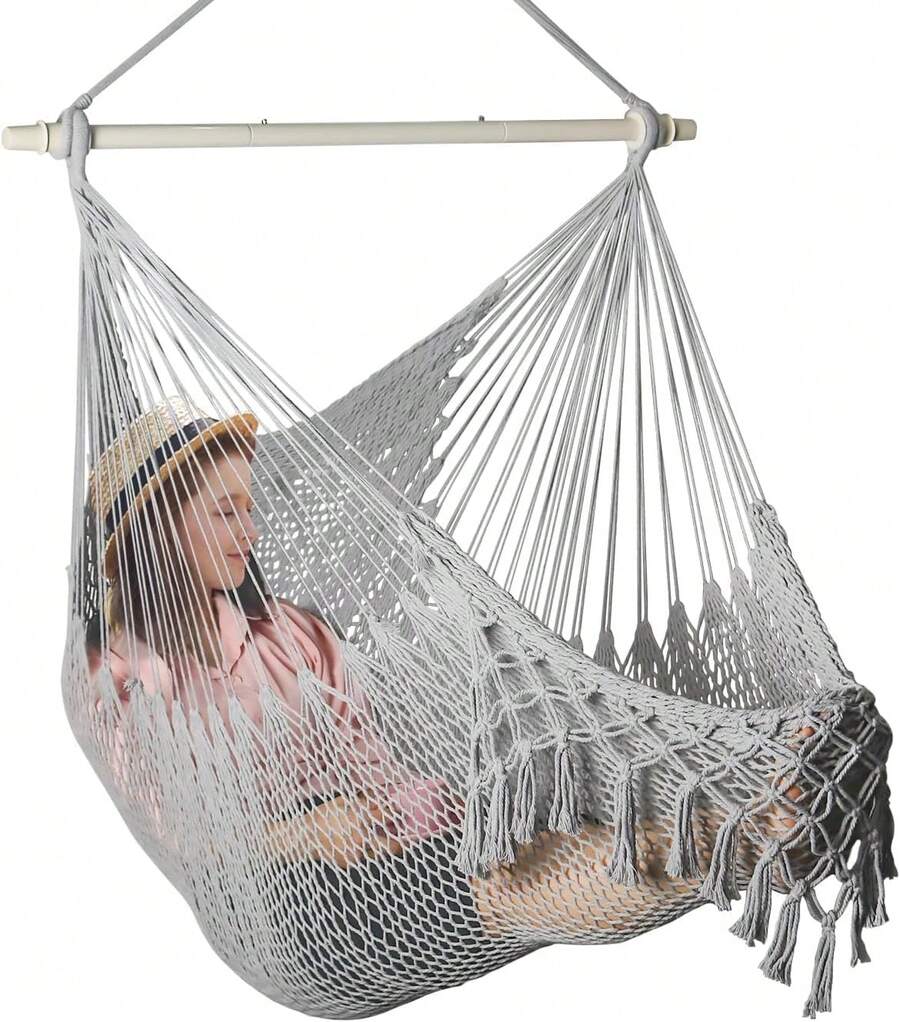 Hamaca de cuerda de algodón tejida a mano con barra separadora de metal, silla colgante para interiores y exteriores con borlas, jardín, patio, habitación, color blanco SandyBeach AAPF - Gris - Ver 1