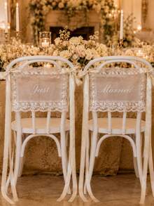 1 Set Bride & Groom/Wedding Chair Back Decor, Elegant Lace Chair Back Decoration With White Satin Ribbon, Romantic Outdoor Ceremony Reception Chair Cover, Country Garden Wedding Bride Table Decor, Wedding Party/Sweetheart Table Party Decoration, Aesthetic - View 20