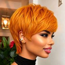 AMECIRE New Short Orange Human Hair Pix Cut Wig With Bang For Women Layered Short Straight Bob Wigs Natural Looking Soft Human Hair Perfect For Daily Wear Party Elegant Wigs - S350 - View 3