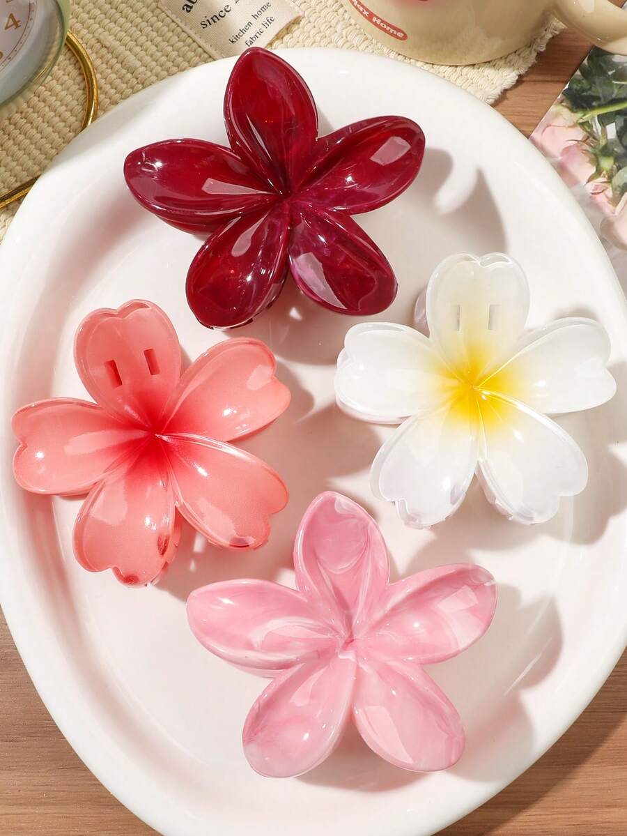 4件組紅粉亮面大理石漸層花朵與四葉草髮夾,半紮髮整理髮夾,馬尾夾,後腦盤髮夾,波希米亞海灘度假風髮飾 - 彩色 - 查看 1
