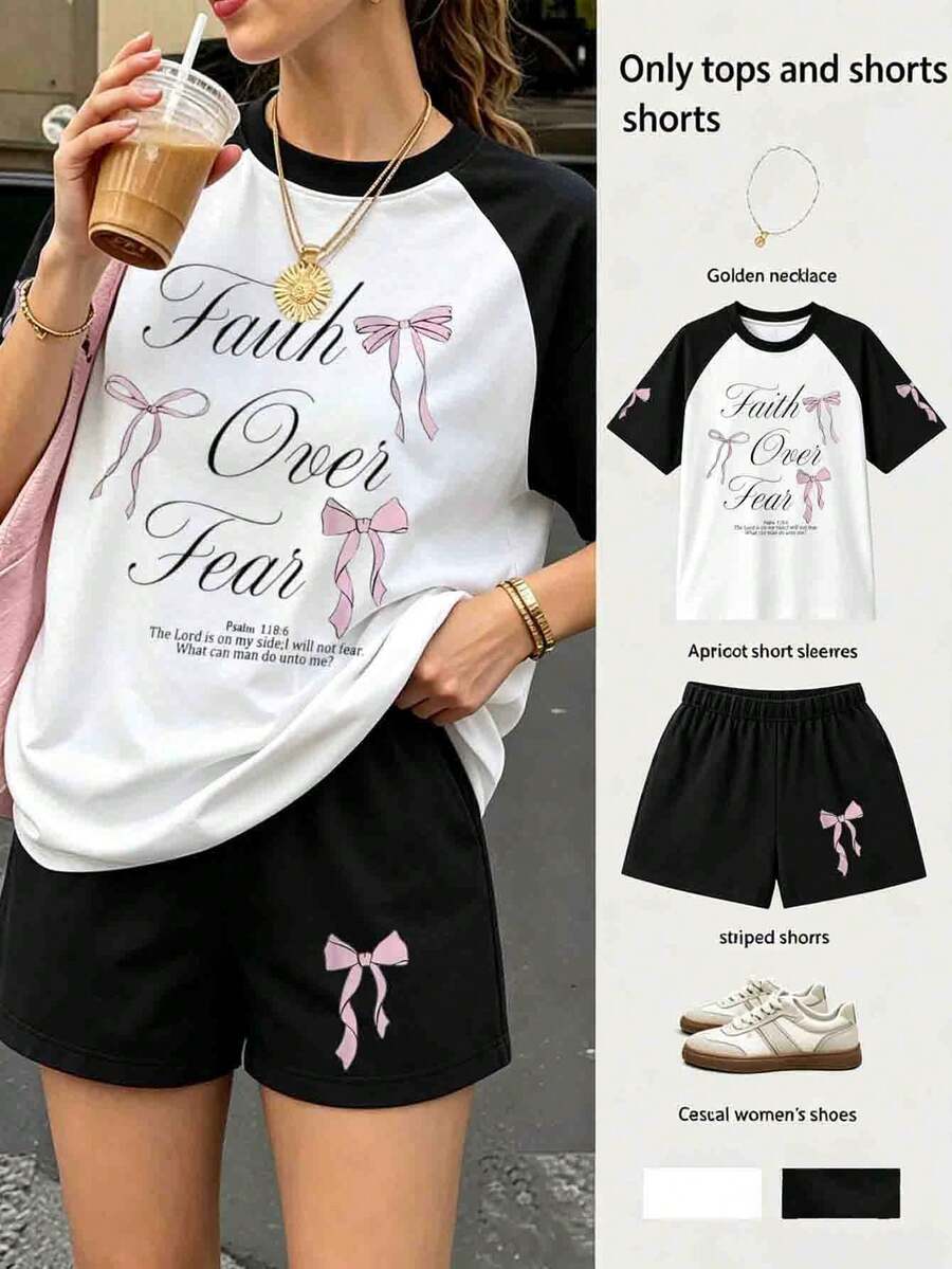 Bowknot Letter Print Pattern Colorblock T-Shirt And Shorts Set, Plus Size Women's Summer Casual Two Pieces Outfit Elegant - Multicolor - View 1
