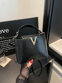 1pc Women's Fashion Commuter Solid Color All-Season Handbag, Portable Versatile Luxury Shoulder Bag, High-Quality Woven Texture Crossbody Bag, Suitable For Dating, Shopping, Gift, Work - Black - View 3
