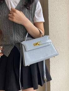 女款小手提包附鎖扣，2026春夏新款鱷魚壓紋斜挎包，百搭迷你托特包，PU材質 - 藍色 - 查看 2