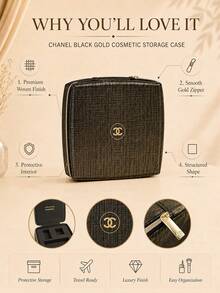 Kotak Organizer Makeup Anyaman Hitam dan Emas Chanel, 19*19cm, terbuat dari kulit sintetis, dengan lapisan dalam yang terbagi, resleting emas yang halus, dan lapisan dalam yang dapat dilepas. Cocok untuk penyimpanan di rumah dan saat bepergian. - emas hitam - View 5
