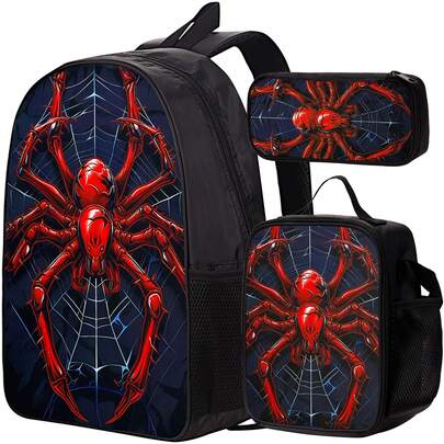 Red Spider Web Graphic Backpack Set For Travel And Commuting, Stylish Functional Design With Bold Gothic Print, Ideal For Halloween Events, Autumn Trips, Weekend Getaways And Holiday Gifting