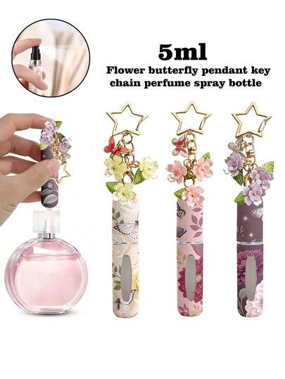 1/3pcs Flower & Butterfly Pendant Perfume Spray Bottle With Star Keychain, 5ml Bottom Refillable Perfume Bottle, Travel Portable Perfume Dispenser, Birthday Gift For Girls, Holiday Gift