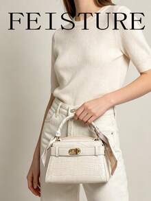 FEISTURE 1件女款金屬扣圍巾手提包，磁吸開合，附長肩帶 - 白色 - 查看 6