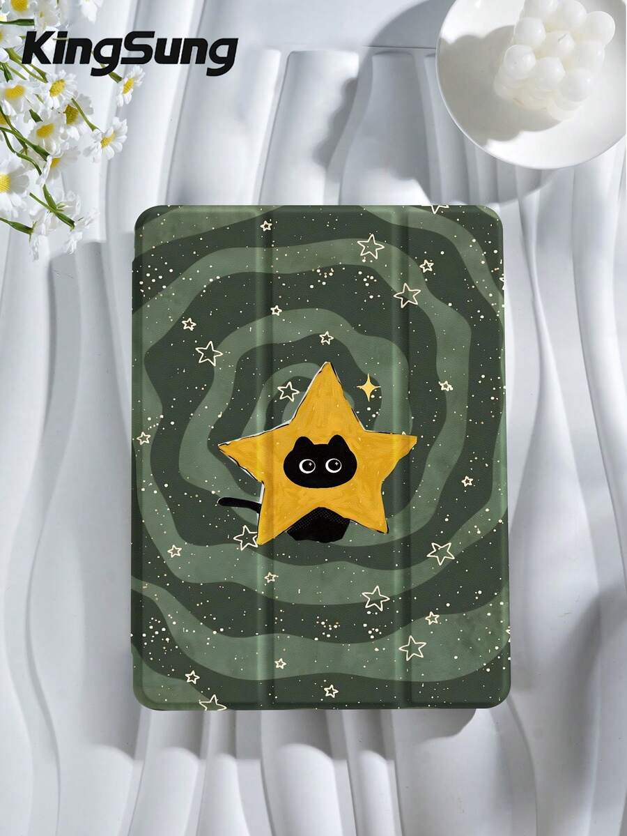 Kingsung 黑貓星星圖案平板保護殼，相容 iPad 9.7/10.2/10.5/10.9/12.9/Pro 11、第 10 代，相容 Galaxy Tab S6 Lite 10.4 吋，相容 Kindle Paperwhite 第 12 代 2024、Kindle (第 11 代) 2022 版，柔軟防摔，智慧支架/自動喚醒/休眠