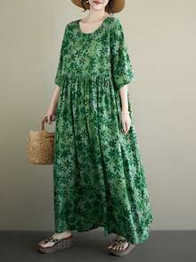 Halloween Elegant Ball Women's Plus Size Green Floral A-Line Long Dress, Batwing Sleeve Short Sleeve, Spring/Summer Casual Loose Long Dress Vacation - Green - View 3