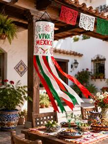 1pc Viva Mexico Windsock, Mexican Style Polyester Wind Spinner With Firework Print, Cylindrical Tube Top And Long Green White Red Streamer Tails For Patio, Balcony, Porch, Yard, Garden And Independence Day Decor - B - View 7