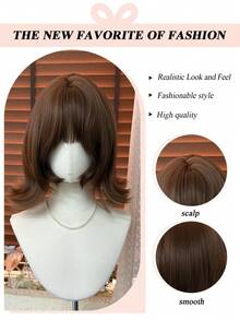Topshe [MONEET SECRET] 12 Inch Flip Bob Full Wig With Bangs, Heat-Resistant Synthetic Fiber, Chestnut Brown, Korean Ulzzang Style, Soft Outward-Curled Ends, Full Wig, Suitable For Daily Casual Wear - Multicolor - View 9