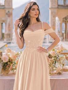Đầm dạ hội maxi voan chiffon đính sequin ren hoa, trễ vai, gấu nhún, đầm phù dâu, váy dạ hội cưới mùa thu trang trọng - Rượu sâm banh - Xem 9