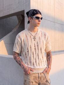 Men's Crew Neck Short Sleeve Knit Loose Fit Casual Vacation Style Solid Color Knit Top Spring Summer - Apricot - View 5