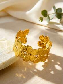 VceTd 1pc French Vintage Style Butterfly Open Design Stainless Steel Women's Bracelet, Suitable For Daily Commute, Vacation Wear Or Holiday Gift For Mother - Yellow Gold - View 5