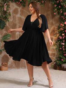 Gaun Bridesmaid Chiffon Tanpa Punggung dengan Lengan Ruffle dan Leher V untuk Wanita Ukuran Plus, Gaun Koktail untuk Tamu Pernikahan - Hitam - View 4