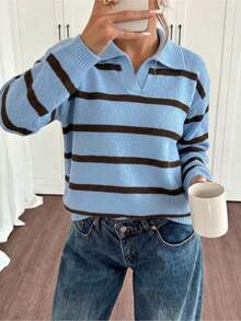 Women's Winter Top,Colorblock Striped Long Sleeves Collared Sweater,Knit Pullover For Casual Daily Street Wear,Preppy Style Back-To-School Outfits - Blue - View 6
