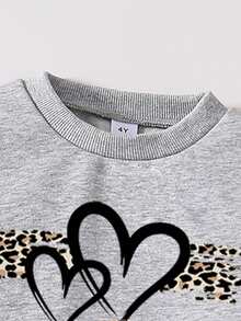 Sudadera de cuello redondo con estampado de leopardo y patrón de corazón y pantalones acampanados para niña preadolescente - Gris - Ver 3