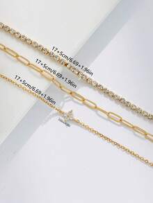 3pcs/Set Women's Bracelet Set, Bohemian Summer Beach Vacation Style, Golden Plated Multi-Layer Basic Chain, Tennis Zirconia Chain, Paperclip Chain, Copper Inlaid Zirconia Clover Pendant, Layered Stackable Bracelet Set, Stacked Bracelet Jewelry Gift - Yellow Gold - View 3