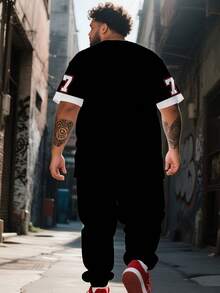 Men's Street Casual Minimalist Series "No.77 Patchwork" Pattern Sports Set - Polyester Knit Fabric, Crew Neck Design, Drawstring Hem Pants, Pocket Details, Regular Fit, Suitable For Plus Size - Black - View 2
