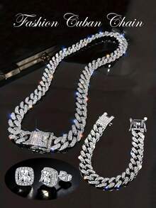 3pcs Full Iced Out Cuban Chain Jewelry Set,Unisex Necklace/Bracelet/Studs Earring,Perfect For Rappers Stage Performance,Daily Street Matching&Gifting - A - View 3