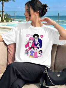 T-shirt anime con stampa grafica, stile otaku carino, adatta alla primavera, casual, traspirante, design grafico - Bianco - Visualizzare 6