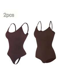 2Pcs High Waist Tummy Control Thong Bodysuit Figure - 棕色 - 查看 9
