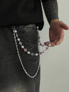 1pc Vintage Colorful Rhinestone Cross & Pearl Double Layer Pants Chain, Men's American Street Style Jeans Waist Chain - Cross Diamond Trouser Chain - View 2