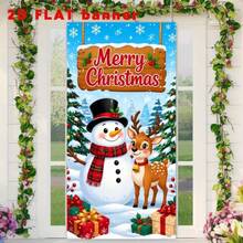 Fondo de pancarta plano 2D con temática navideña que presenta lindos muñecos de nieve, renos, árboles de Navidad, cajas de regalo y copos de nieve, impreso con el texto "Feliz Navidad". Hecho de material de poliéster, sin fuente de alimentación requerida para un uso conveniente. - Ver 6