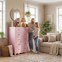 TYBOATLE 44'' High Modern Children's Wooden Vanity Drawer Cabinet With Metal Handles, Bedroom Vanity With 6 Drawers,Farmhouse Natural Solid Wood Vanity Storage - Pink - View 9