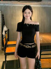 Yorily Asymmetrical Ruched Waist T-Shirt For Women, Asymmetric Asymmetrical Shoulder Crop Top With Short Sleeves, Summer Casual Black - Black - View 5