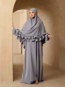 時尚百搭純色連帽蕾絲冰絲皺褶長款罩衫 2 件組 女款優雅柔軟 Abaya 外罩袍 + 連帽蕾絲披肩套裝 防曬穆斯林服飾披肩 - 灰色 - 查看 4