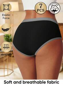 MEIYATING 7pcs Women's Cotton Mid-Low Waist Contrast Waistband English Print Earth Tone Comfortable Triangle Panties For Daily Wear - Multicolor - View 3
