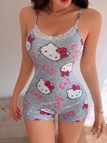 SANRIO 1pc KT Cat Gray Camisole Jumpsuit, Summer New Cartoon All-Over Bow Print Fitted Sleepwear, V-Neck Open Hem Shorts Nightgown, Cute Casual Homewear Suitable For Outdoor Wear - Light Grey - View 2