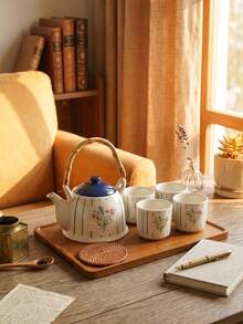 DearDali 1 Set Modern Minimalist Striped Floral Ceramic Teapot Set, Home Tea Cups, Teapot With Tray, Gift Box Packaging, Suitable For Afternoon Tea, Family Gathering, Living Room Decoration, Friend Gift - Multicolor - View 3