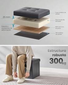 SONGMICS Puff Almacenaje de 38, Banco de Almacenamiento Plegable con Tapa, Reposapiés, Carga de 300 kg, Gris Pizarra MLSF030G01 PXGX - Blanco - Ver 4