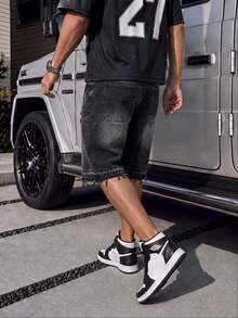 Men's Summer Black & Grey Washed Distressed Frayed Denim Shorts, American Hip Hop Loose Straight Leg Patchwork Mid-Length Pants - Black - View 4