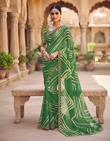 Estationeryhouse Chiffon Saree With Coloured Stripes With Unstitched Blouse - Green - View 1